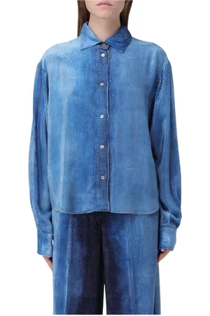 FORTE FORTE Bluzki, Kobieta, Niebieski, L, Denim, Niebieska Koszula z Sztruksu Elegancki Styl