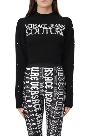 VERSACE Swetry, Kobieta, Czarny, M, Czarny Sweter z Detalem z Perłami