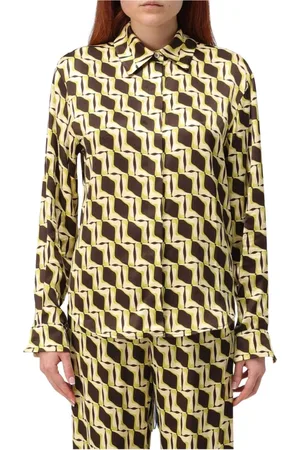 Msgm Bluzki, Kobieta, brązowy, S, Jedwabna Bluzka z Geometrycznym Nadrukiem