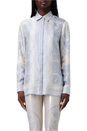 VERSACE Bluzki, Kobieta, Szary, M, Elegancka Jedwabna Koszula Barokowa