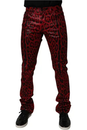 Dolce & Gabbana Jeansy, Mężczyzna, Czerwony, M, Czerwone Dżinsy Slim Fit z Wzorem Leoparda