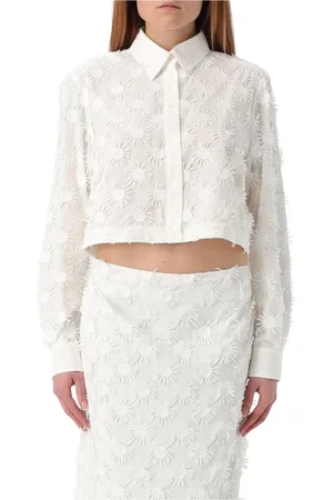 Msgm Bluzki, Kobieta, Biały, S, Biała Haftowana Koszulka Crop Damska