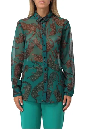 Roberto Cavalli Bluzki, Kobieta, Zielony, XS, Jaguar Print Sheer Blouse