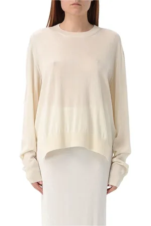 Jil Sander Swetry, Kobieta, Biały, L, Beige Wool Crew Neck Sweater