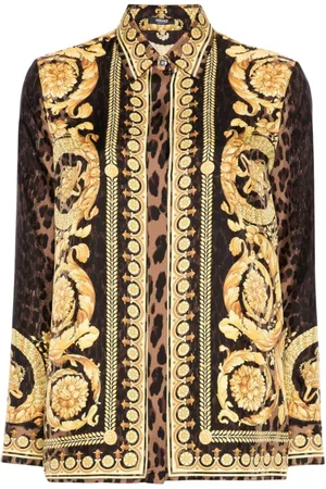 VERSACE Bluzki, Kobieta, Wielobarwność, S, Złota Jedwabna Koszula Foulard