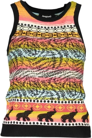 Desigual Koszulki, Kobieta, Wielobarwność, L, Czarny Wiskoza Damski Top Statement Tank