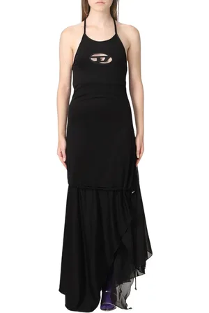 Diesel Sukienki, Kobieta, Czarny, S, Szyfon, Elegancka Czarna Sukienka Maxi z Dekoltem na Szyi