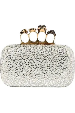 Alexander McQueen Torebki, Kobieta, Szary, ONE SIZE, Srebrna torebka na ramię z kryształowym pierścieniem knuckle