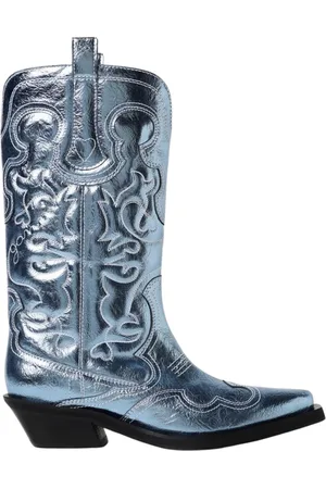 Ganni Buty, Kobieta, Niebieski, 37 EU, Metaliczne Western Ankle Botki Niebieskie