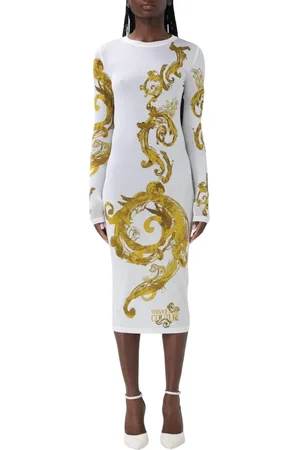 VERSACE Sukienki, Kobieta, Biały, S, Elegancka Sukienka Midi z Barokowym Nadrukiem