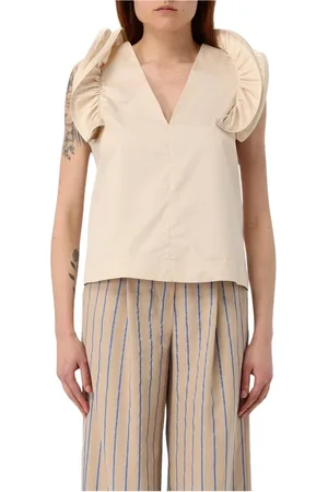 Kaos Bluzki, Kobieta, Beżowy, XS, Elegancka Beżowa Bluzka z Falbankami