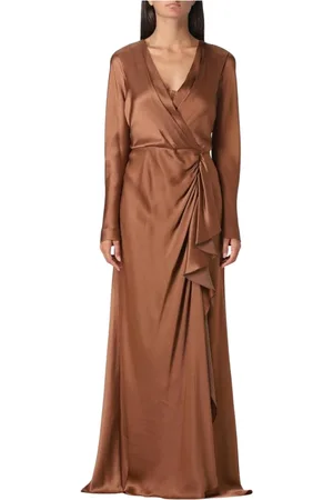 Alberta Ferretti Sukienki, Kobieta, brązowy, M, Elegancka Jedwabna Sukienka Maxi z Falbanką