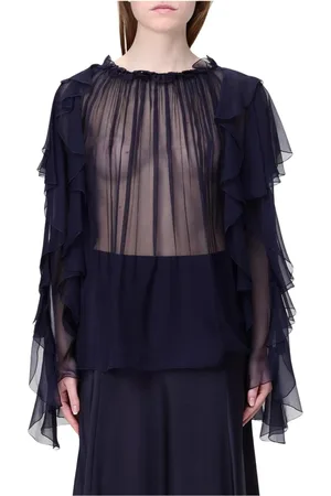 Alberta Ferretti Bluzki, Kobieta, Niebieski, M, Niebieska Jedwabna Bluzka Falbanki Elegancki Styl
