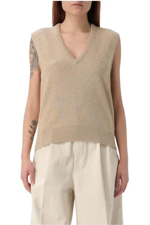 Maison Margiela Swetry, Kobieta, brązowy, L, Kaszmir, Brązowy Bezrękawnik z dekoltem w serek