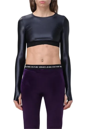 VERSACE Koszulki, Kobieta, Czarny, M, Elegancki Czarny Crop Top Moda Damska