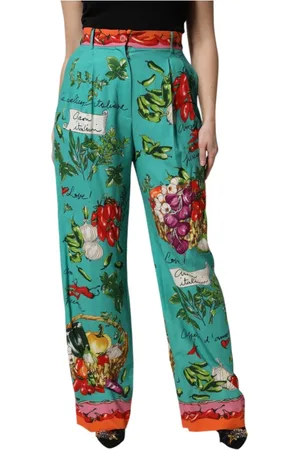 Dolce & Gabbana Spodnie, Kobieta, Zielony, S, Zielone Jedwabne Proste Spodnie