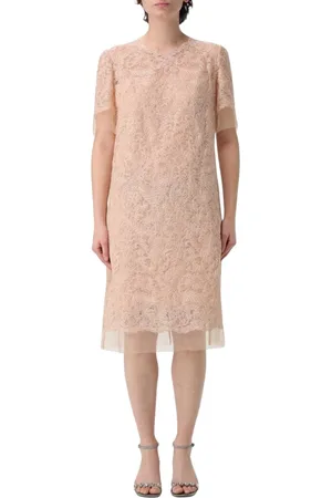ERMANNO SCERVINO Sukienki, Kobieta, Beżowy, S, Tiul, Elegancka Koronkowa Sukienka z Krótkimi Rękawami
