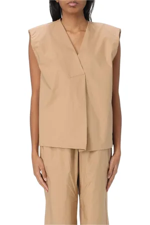Kaos Koszulki, Kobieta, brązowy, L, Elegancki Karmelowy Top z Dekoltem w Serek