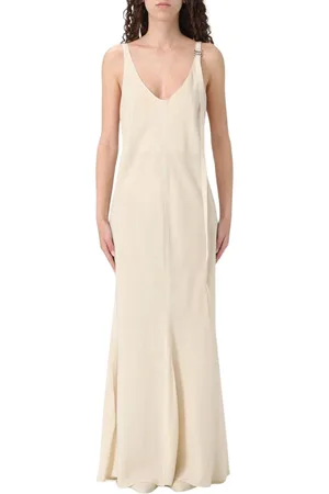 Sportmax Sukienki, Kobieta, Beżowy, XS, Elegancka Iworyjna Sukienka Maxi z Dekoltem w Serek