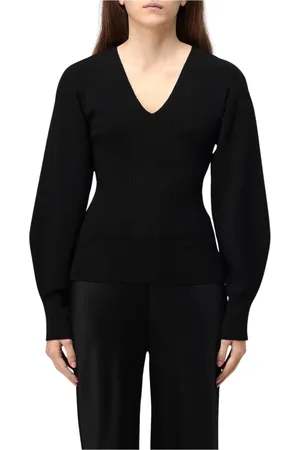 Alberta Ferretti Swetry, Kobieta, Czarny, M, Czarny Sweter z żebrowanym dzianiem i dekoltem w serek