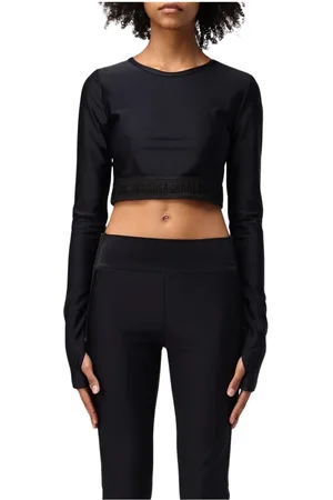 VERSACE Koszulki, Kobieta, Czarny, 2XS, Czarny Long Sleeve Crop Top z Dziurami na Kciuki