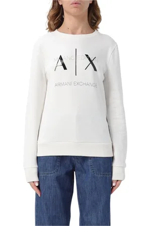 Armani Exchange Bluzy, Kobieta, Biały, L, Żółty Sweter z Okrągłym Dekoltem i Długimi Rękawami