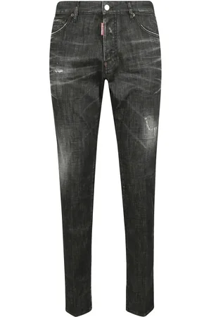 Dsquared2 Jeansy, Mężczyzna, Czarny, S, Denim, Jeansyy z denimu z guzikowym zapięciem i skórzaną naszywką z logo