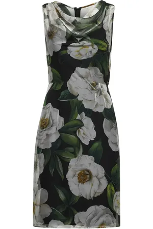 Dolce & Gabbana Sukienki, Kobieta, Wielobarwność, M, Suknia z nadrukiem Gardenii i dekoltem typu cowl