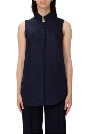 Emporio Armani Koszulki, Kobieta, Niebieski, L, Niebieski Top z Lnu