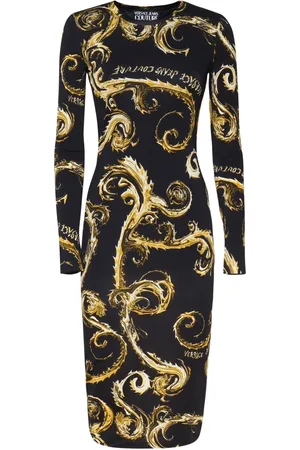 VERSACE Sukienki, Kobieta, Wielobarwność, S, Sukienka z Czarnym Barokowym Nadrukiem Długie Rękawy