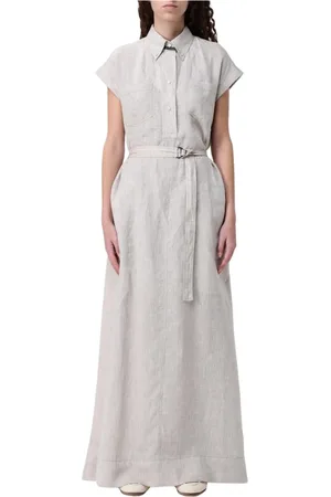 Brunello Cucinelli Sukienki, Kobieta, Beżowy, L, Elegancka lniana sukienka maxi