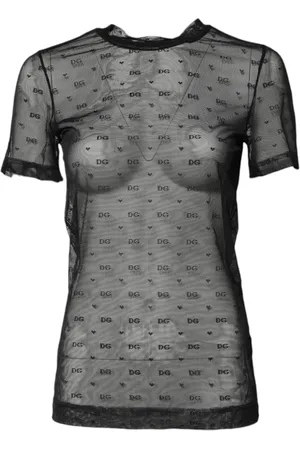 Dolce & Gabbana Koszulki, Kobieta, Czarny, S, Nylon, Czarny Przezroczysty Top z Logo Monogramem i Okrągłym Dekoltem