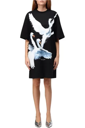 Msgm Sukienki, Kobieta, Czarny, S, Elegancka Sukienka z Nadrukiem Łabędzia