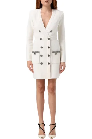 Elisabetta Franchi Sukienki, Kobieta, Beżowy, L, Tweed, Ivory Tweed Sukienka z Ozdobnymi Guzikami