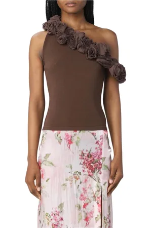 BLUMARINE Koszulki, Kobieta, brązowy, S, Rayon, Kwiatowa aplikacja na jedno ramię sweter z topem