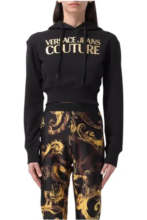 VERSACE Bluzy, Kobieta, Czarny, XS, Czarny Cropped Hoodie Sweatshirt