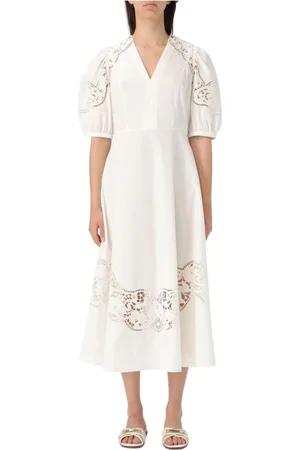 Twin-Set Sukienki, Kobieta, Biały, L, Elegancka Biała Sukienka Midi