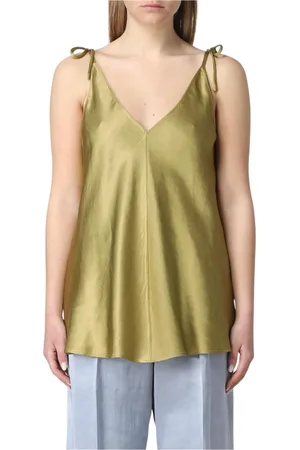 ALYSI Koszulki, Kobieta, Zielony, S, Len, Zielony Jedwabny Top Tank