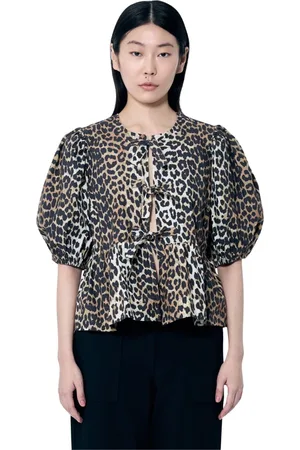 Ganni Bluzki, Kobieta, brązowy, M, Bluzka Peplum z Wzorem Leoparda