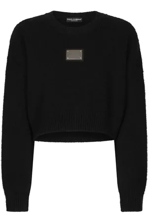 Dolce & Gabbana Swetry, Kobieta, Czarny, XS, Kaszmir, Czarny Sweter z Okrągłym Dekoltem i Plakietką z Logo