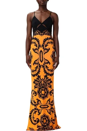 Etro Sukienki, Kobieta, Pomarańczowy, S, Rayon, Sukienka Maxi w Damastowym Wzorze