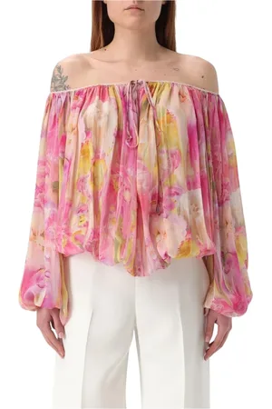BLUMARINE Bluzki, Kobieta, Wielobarwność, M, Różowa Kwiatowa Bluzka z Odkrytymi Ramionami