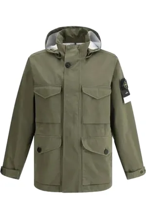 Stone Island Kurtki, Mężczyzna, Zielony, M, Len, Zielona odzież wierzchnia na przygody na świeżym powietrzu