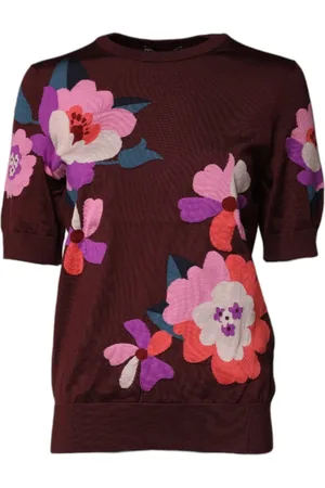 Dolce & Gabbana Swetry, Kobieta, brązowy, M, Maroon Kwiatowy Jedwabny Bluzka z Dekoltem Typu Crew Neck