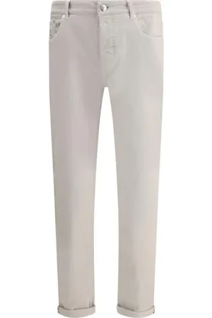 Brunello Cucinelli Jeansy, Mężczyzna, Beżowy, M, Klasyczne jeansy z bawełny z skórzanym naszywką