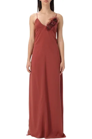BLUMARINE Sukienki, Kobieta, brązowy, S, Len, Kwiatowa Aplikacja Sukienka Maxi