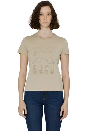 John Richmond Koszulki, Kobieta, Beżowy, M, Bawełna, T-shirt z nadrukiem z przodu