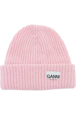 Ganni Akcesoria, Kobieta, Różowy, ONE SIZE, Wełna, Dzianinowa Czapka Beanie z Melange`owym Wzorem i Naszywką z Logo