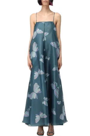 Emporio Armani Sukienki, Kobieta, Niebieski, M, Niebieska Sukienka Maxi z Motywem Motyli
