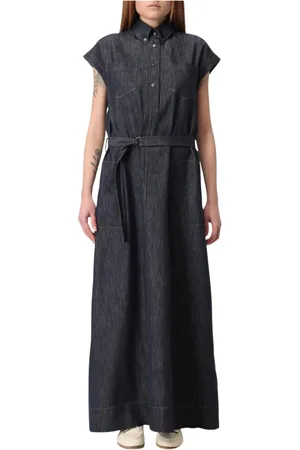 Brunello Cucinelli Sukienki, Kobieta, Niebieski, S, Denim, Niebieska Sukienka Koszulowa Z Paskiem Maxi